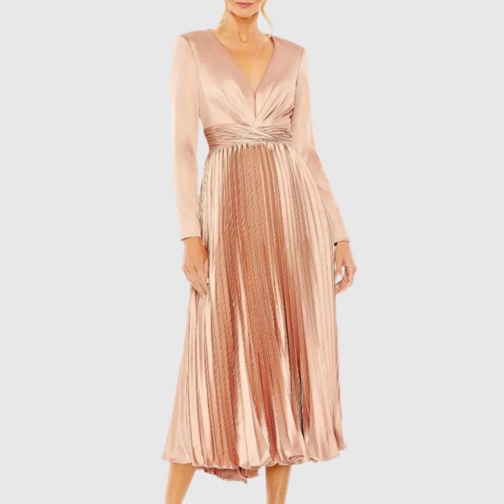 Mac Duggal Rose Pink Pleated Long Sleeve V-Neck Dress Size 6 - Picture 9 of 11